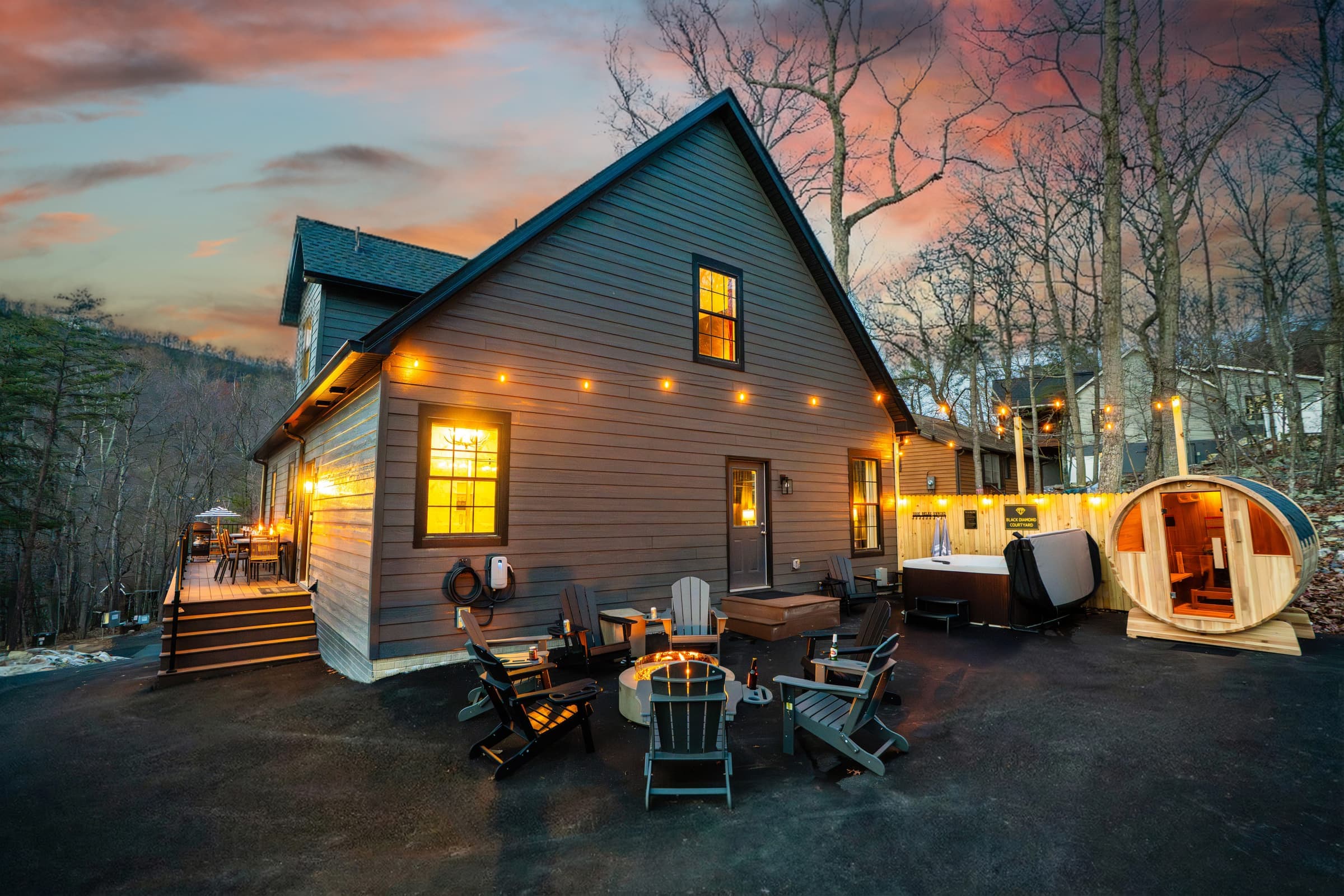 Black Diamond Retreat exterior at dusk