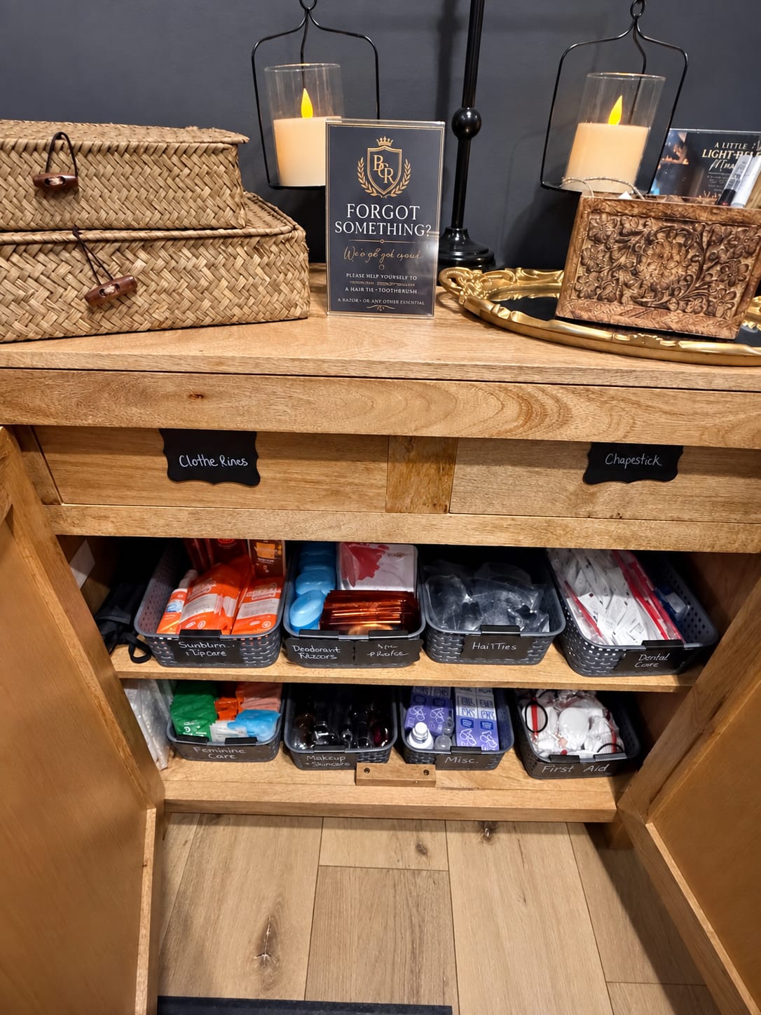 The "Forgot Something?" guest essentials station