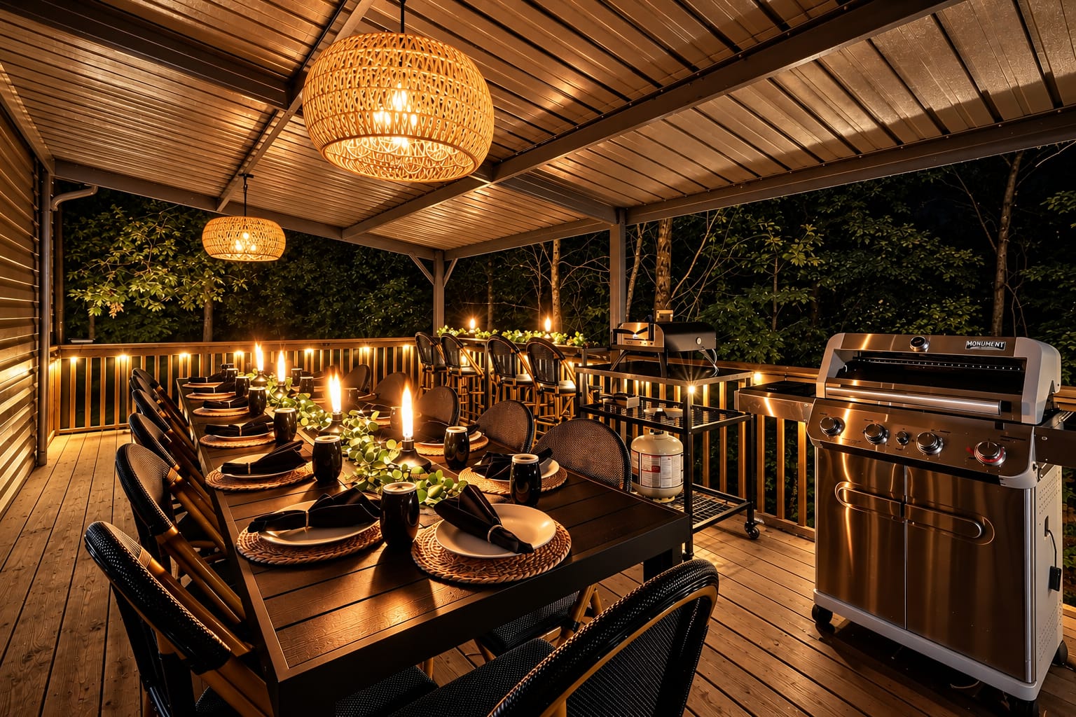 Covered upper deck dining under the pergola